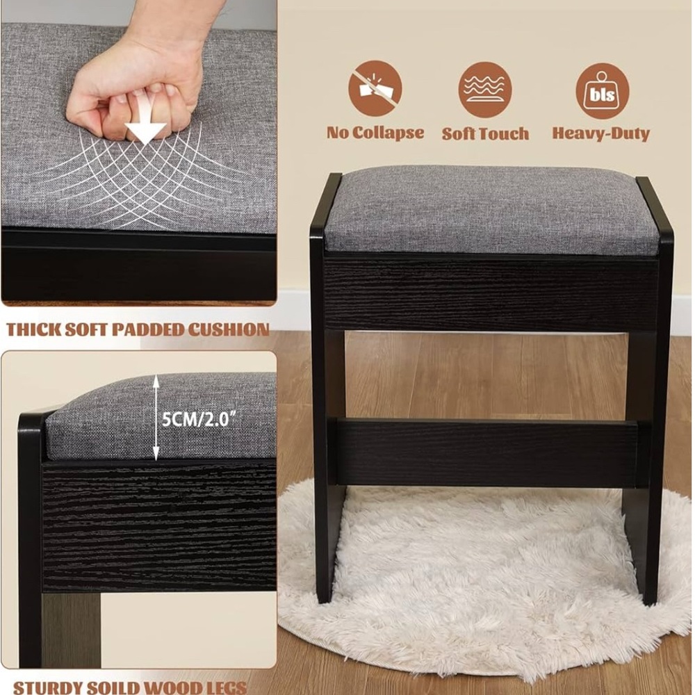 Gray Padded Stool with Wood Legs